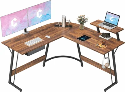 L-образный стол Компьютерный уголок Игровой стол с большой подставкой для монитора 51,2-дюймовый рабочий стол для домашнего офиса с ящиком для хранения Экономия места Темно-коричневый